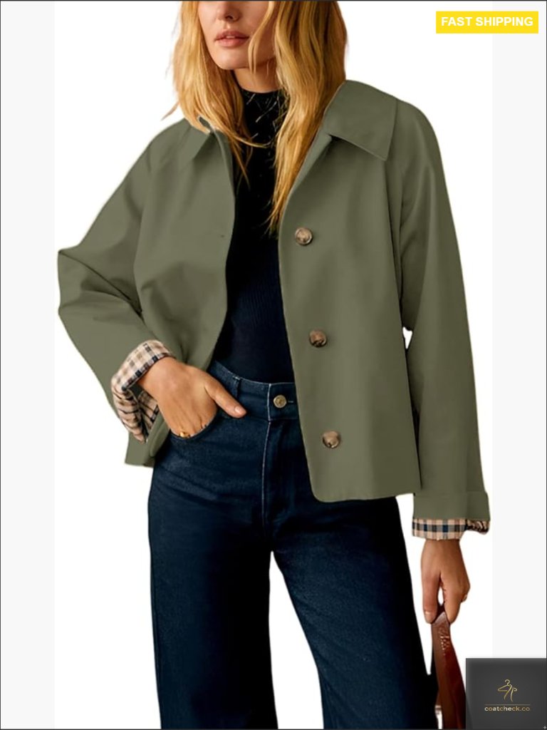 Oversized Trench Coat Cropped Casual Jacket Plaid Lining Lapel Button Pockets